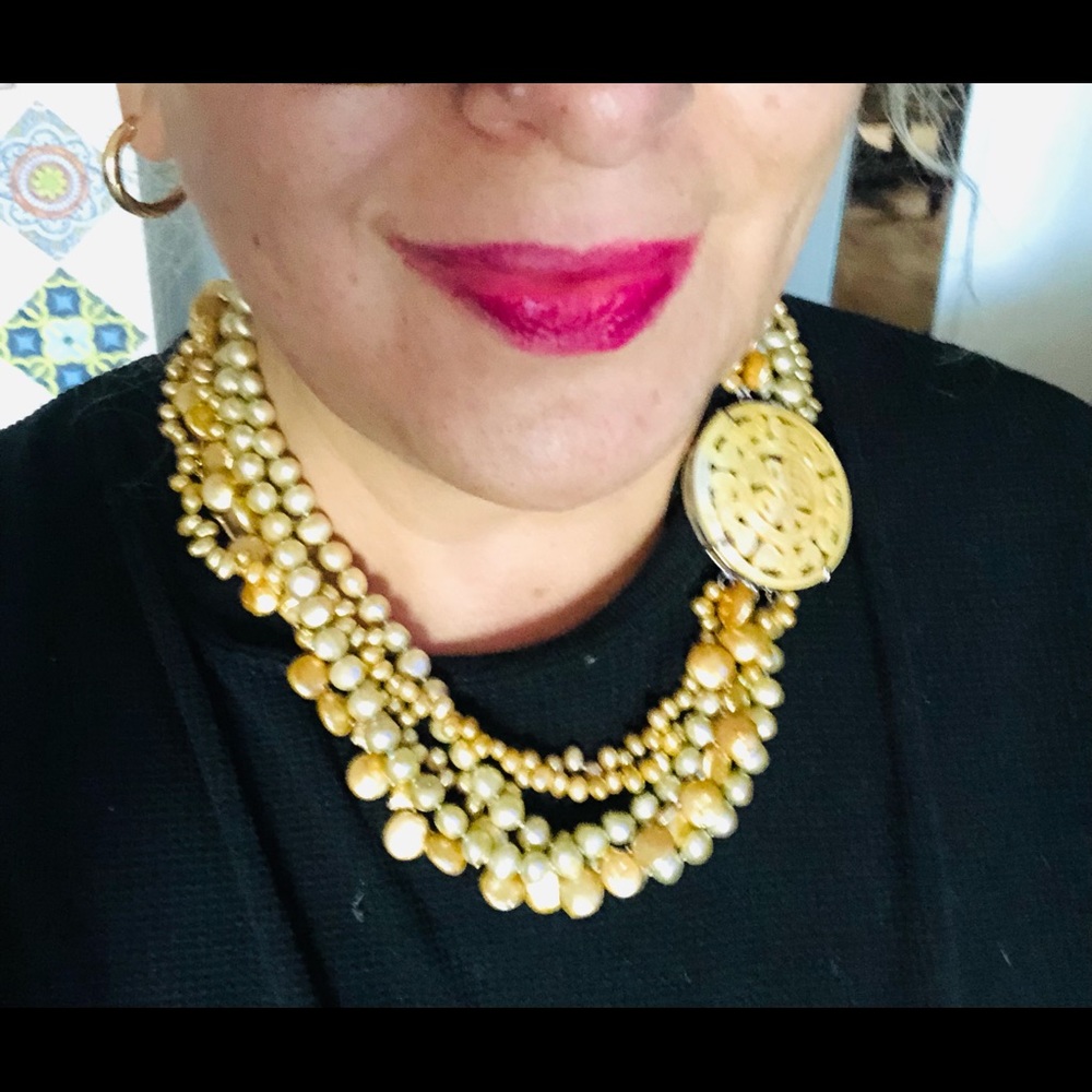 Runway Statement Estate Multi Strand Golden Baroque Pearls Carved MOP Clasp